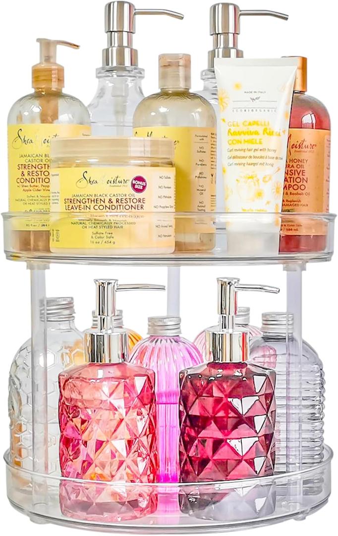Roninkier 2-Tier Clear Lazy-Susan Turntable  11-Inch Pantry Spice-Rack Cabinet-Organizer  Plastic Lazy Susan Makeup Organizer for Bathroom Countertop (11 Inch 2 Tier)