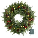 Christmas Wreath Snowy Pre-lit 24 inch with 50 Light & Pine Cone, Artificial Christmas Wreaths for Front Door with Lights, Wreath for Christmas Decoration Door Windows Wall Green