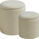 Round Set of 2 Ottoman with Storage-Upholstered Velvet Vanity Stool for MakeupMultifunctional Ottomans Coffee Table Padded Seat Foot Rest for Living Room&Bedroom(White)