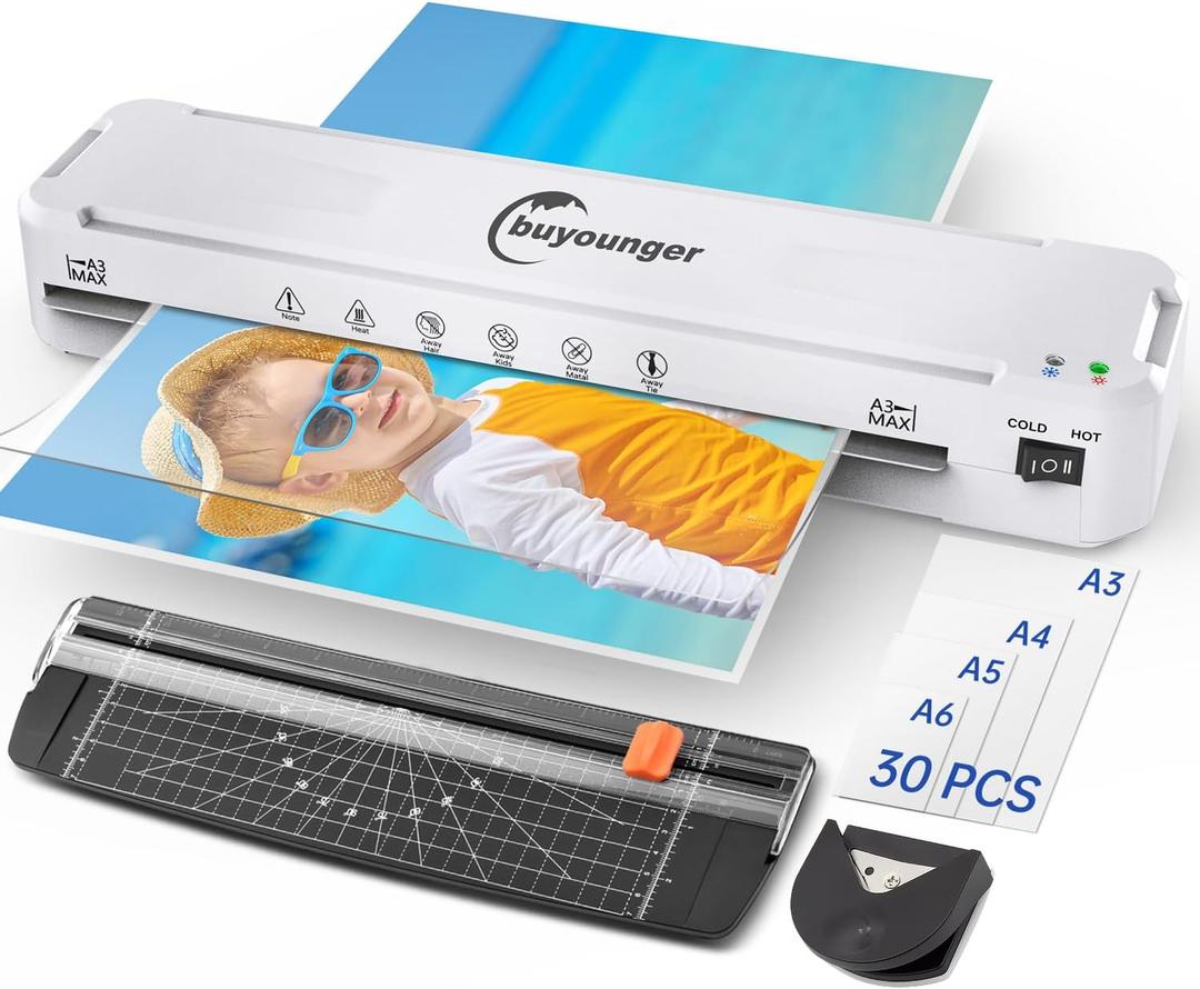 Buyounger Laminator Machine, A3 Laminator Machine with 30 Laminating Sheets, 13 Inch Laminating Machine with Fast Warm-up for A3/A4/A5/A6, Thermal and Cold 11X17 for Home School Office