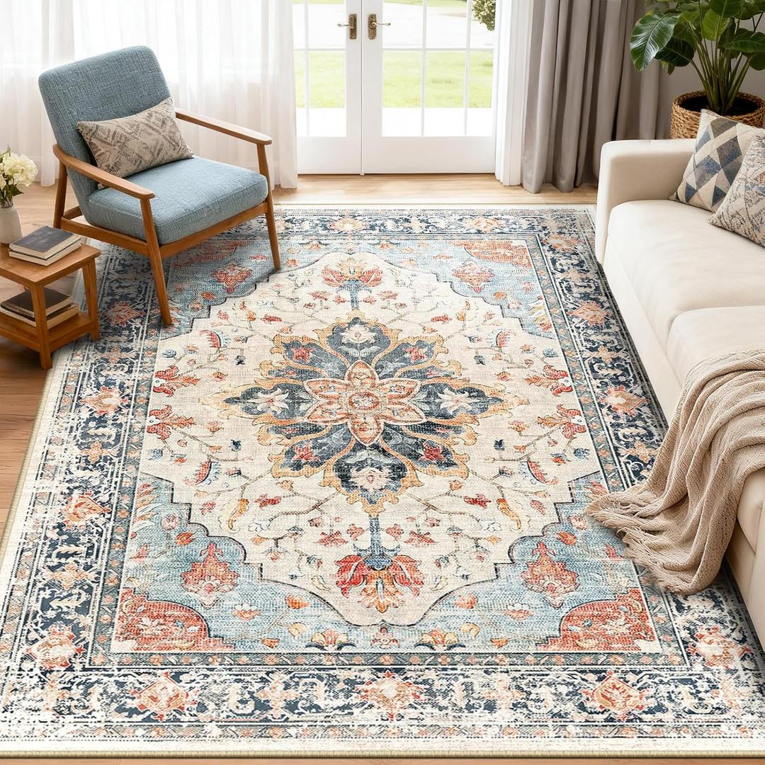 RELEANY Area Rugs 5'x7' Washable Vacuum-Friendly, Non-Slip, Floral Vintage Distress Print Pattern Medallion Carpet for Living Room BedroomBeige Navy Blue Orange Colorful  Beige/Blue/Orange, 5' x 7' (Rectangular)