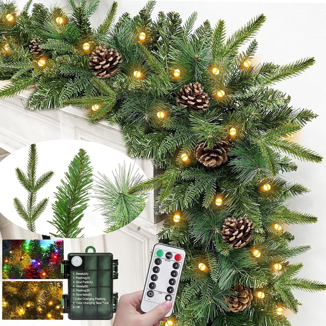 Realistic-Feel PE&Remote Control-9Ft by 12 Inch Prelit Norfolk Pine Christmas Garland with Timer 50 Warm White&Color Light 8 Mode,280 Mix Lifelike Branch&Canyon Pine Cedar Garland Pinecone Xmas Decor