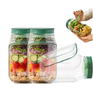 2 x Salad Jar with Side Opening - Leakproof Portable Salad Container with Dressing Cup & Lid, Lid-to-Bowl Design, Dishwasher & Freezer Safe for for Office, Gym, Travel, Picnic, Green