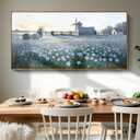 Large Framed Modern Canvas Wall Art, Natural Rural Farm Print Picture, Blue Windmill Flower Field Landscape Art Decor For Living Room, Bedroom, Dining Room, And Kitchen. 48X24 Inches.