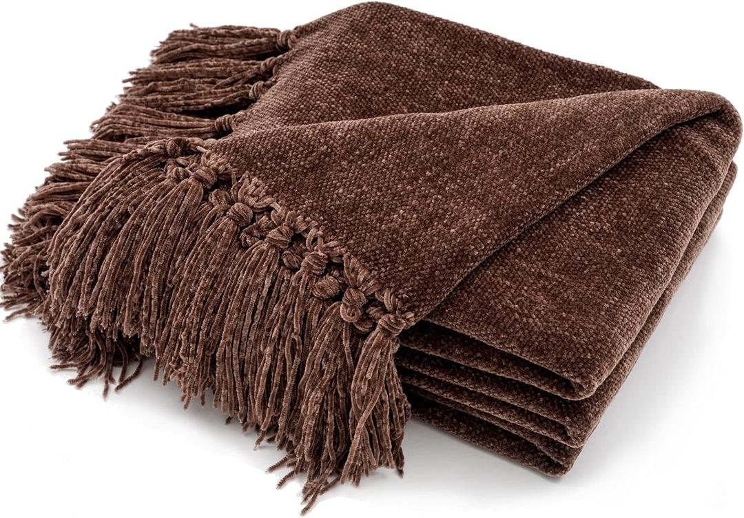 RECYCO Throw Blanket Soft Cozy Chenille Throw Blanket with Fringe Tassel for Couch Sofa Chair Bed Living Room Gift(Brown, 50'' x 60'')