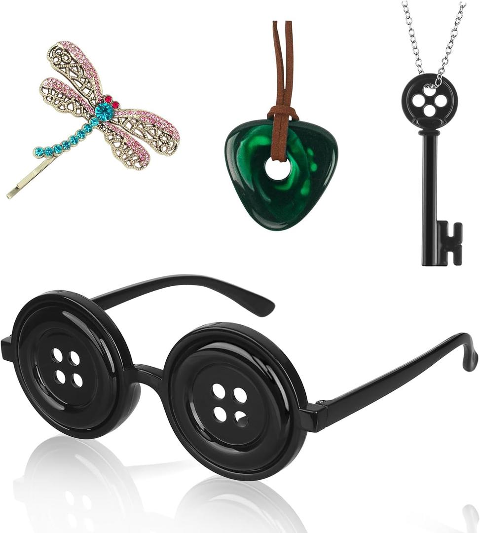 4 Pcs Accessories Fit for Cosplay Costume, Button Eyes Glasses, Key Necklace, Hair Clip, Green Stone Set Halloween Merchandise, Christmas Birthday Gift for Women Men and Fans