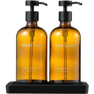 Glass Kitchen Soap Dispenser Set with Ceramic Tray,16.9 floz Hand and Dish Soap Dispenser for Kitchen and Bathroom Decor (Amber Bottles + Black Pumps)