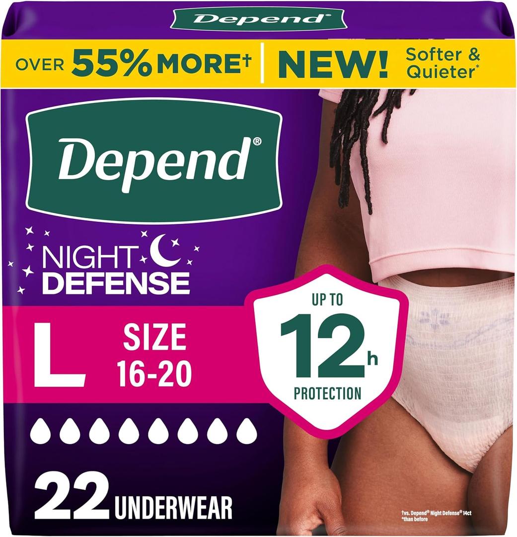 Depend Night Defense Adult Diapers, Incontinence & Postpartum Bladder Leak Underwear for Women, Disposable, Overnight, Large, Blush, 22 Count