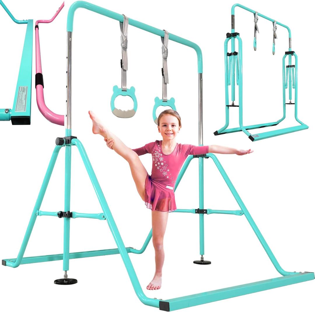 Folding Gymnastics Bar with Rings, Foldable Kip Bar with Sturdier Base, Training Bar for Kids Ages 3-10, Horizontal Bar, Home Gym Equipment for Boy Girl, 38'' Long Square Base
