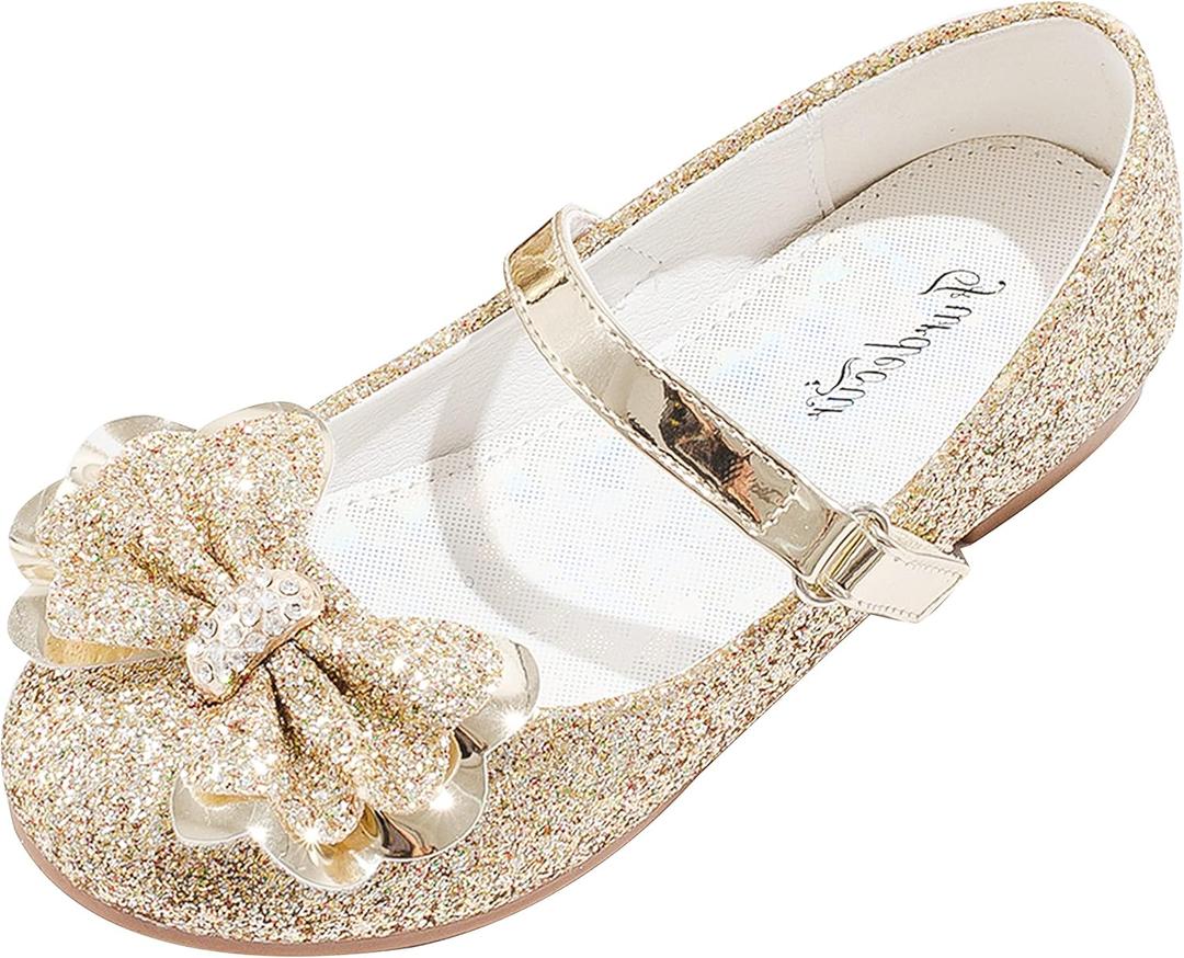 Furdeour Girls Dress Shoes Mary Jane Flower Wedding Party Bridesmaids Shoes Glitter Princess Ballet Flats for Kid Toddler, Size 10 (Gold)