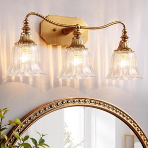 Gold Bathroom Vanity Light Fixture, 3 Lights Bathroom Lighting Matte Antique Brass Finish with Crystal Glass Shade, Gold Vintage Vanity Light for Bathrooms