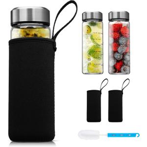 SIEROZUR Glass Juice Bottles 16 oz-2 Pack Leak Proof Wide Mouth Water Bottle with Stainless Steel Lid & Sleeve - for Juicing, Smoothies, Infused Water, Beverage Storage, Eco-Friendly Borosilicate