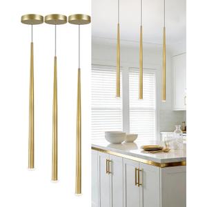 3 Pack Modern Brass Gold Pendant Lights, 27.5" Contemporary Tube Tapered Cylinder Hanging Light Fixture with Dimmable 4000K LED for Kitchen Island, Dining Room, Bar, Bathroom