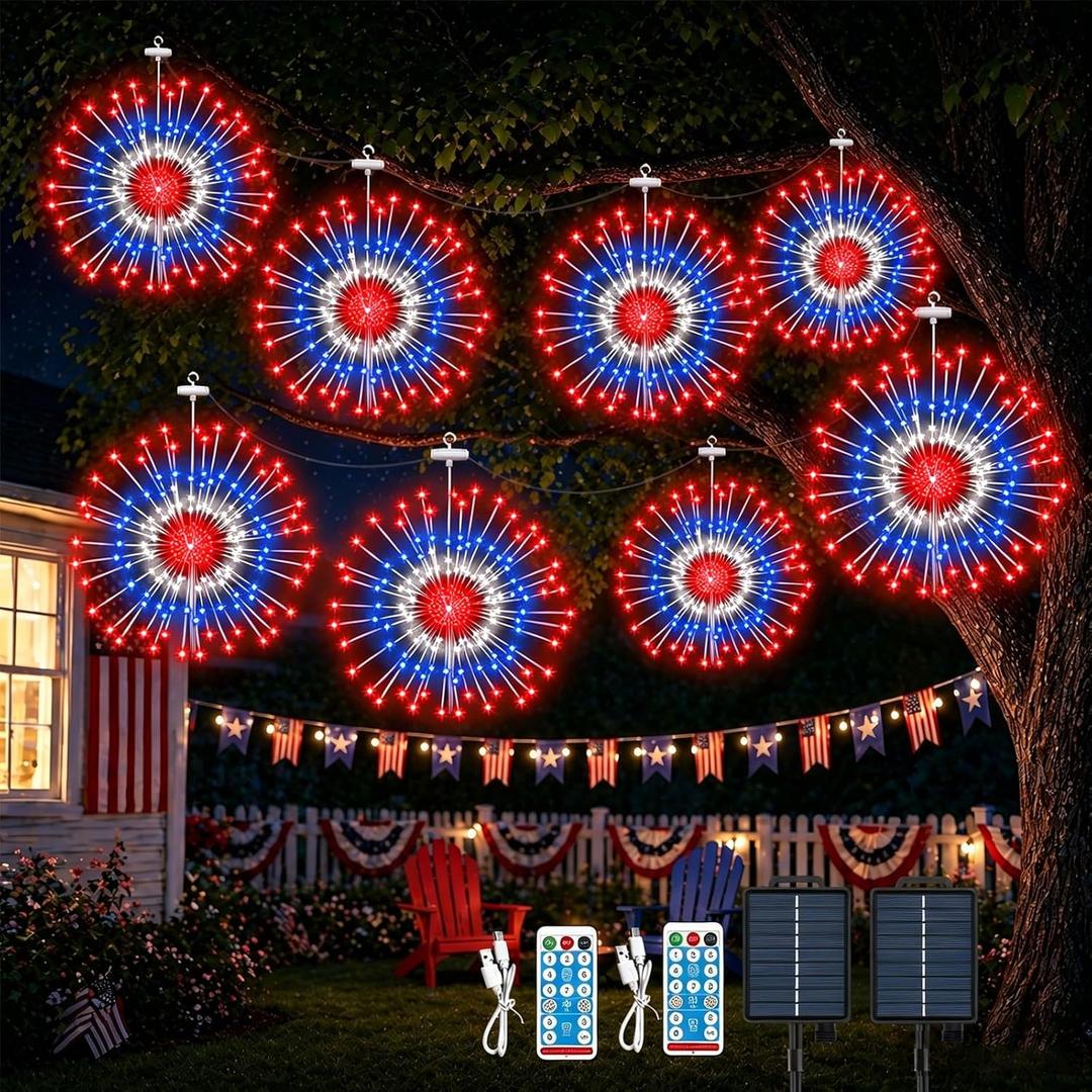 8 Pack 4th of July Solar Fireworks Lights for Outside, 1440 LED Patriotic Solar Lights with 8 Modes Timer Remote, Waterproof Red White Blue Solar Garden Light for Independence Day Memorial Day Decor