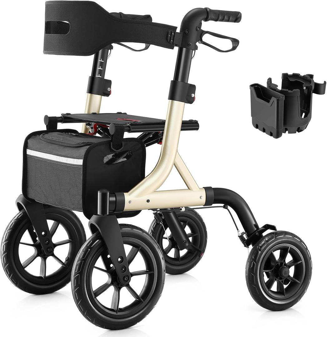 Walkers for Seniors, Rollator Walker with Seat, 12" Big Rubber Wheels All Terrain Rollator Walker with Backrest, Built-in Cable, Cup Holder, Foldable and Height Adjustment for Seniors, Gold