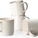 getstar 16oz Large Ceramic Coffee Mugs Set of 4 with Big Handles, Aesthetic Stackable Coffee Cups Stoneware Mug with Embossed Design for Coffee, Tea, Latte, Cappuccino, Dishwasher&Microwave Safe
