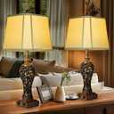 28.5'' Tall Farmhouse Vintage Table Lamp Set of 2 with Faux Silk Shade USB Ports Nightlight Decor for Bedside Living Room Bedroom Nightstands Office Home, Dark Bronze(Bulbs Included)