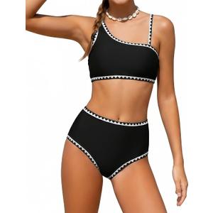 Girls Swimsuit 2 Piece Bikini Set Contrast Trim Bathing Suit Padded Solid Color Swimwear with Adjustable Strap 15-16Y