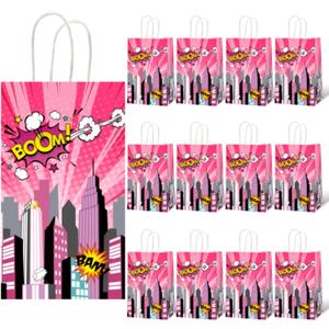 gisgfim 12 Pcs Super Girl Theme Party Supplies Bags Pink Hero Birthday Party Goody Treat Paper Bags Party Decorations Super Girl Theme Baby Shower Birthday Party Gifts 8.3 x 4.7 x 3.2 Inches
