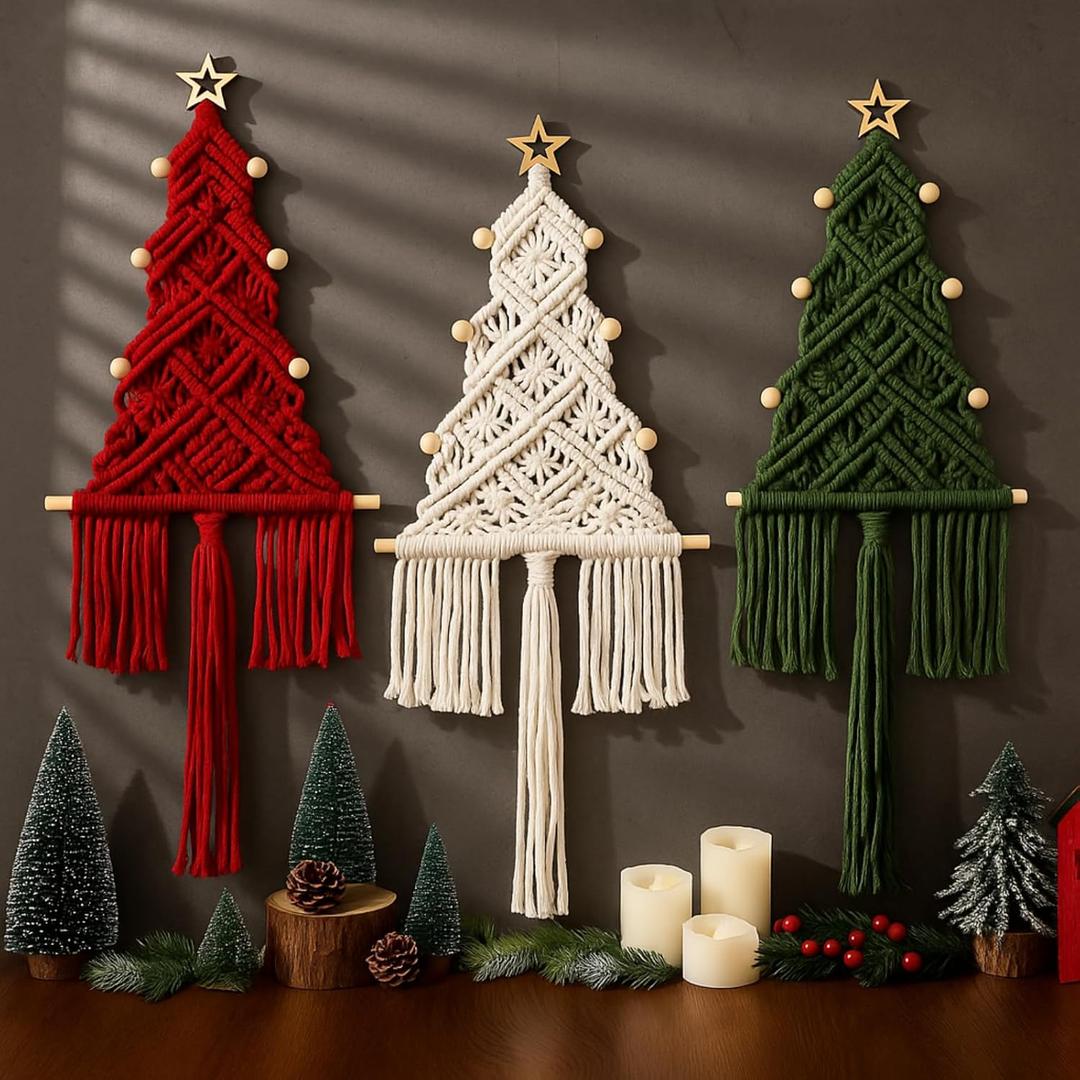 Large Macrame Christmas Tree 3 Set Macrame Christmas Wall Decoration Hanging Ornaments Boho Wall Decor for Party Supplies(White,Red,and Green)