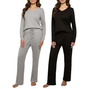 Real Essentials 2 Pack Women's Soft Cotton Long Sleeve Pajama Set with Pants - Lounge Sets for Women, Grey, Black, Size L