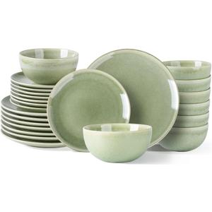 AmorArc Ceramic Dinnerware Sets for 8, 24 Pieces Handpainted Plates and Bowls Set, Scratch Resistant Stoneware Dishes Set, Dishwasher & Microwave Safe, Olive Green