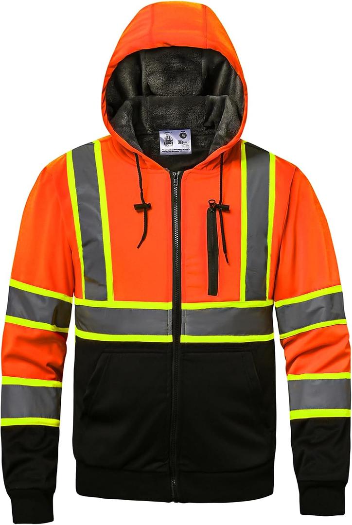 High visibility Hoodie for Men,Class3 Hi Vis Hoodie,Fleece Lined Reflective Hooded,Construction work Hi-Vis Safety Sweatshirt,Black Bottom Orange XL