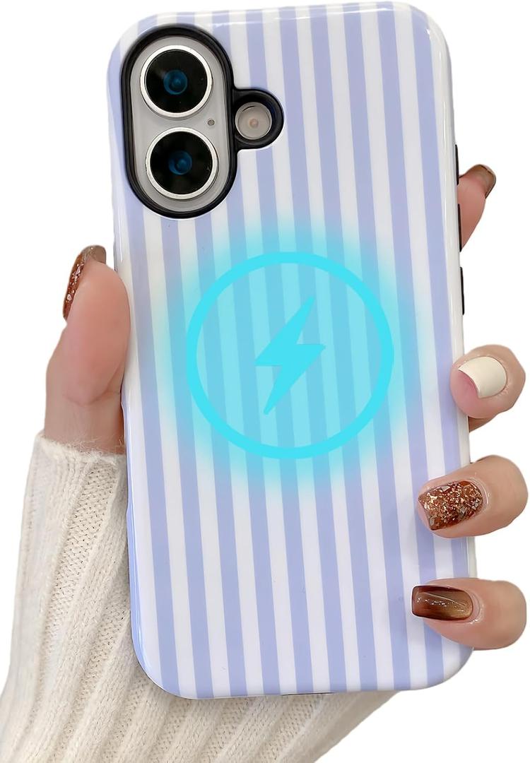 for iPhone 16 Case [Compatible with Magsafe] Striped Phone Case Dual-Layer Protective Shockproof Magnetic Cover for Women Girls - Light Blue