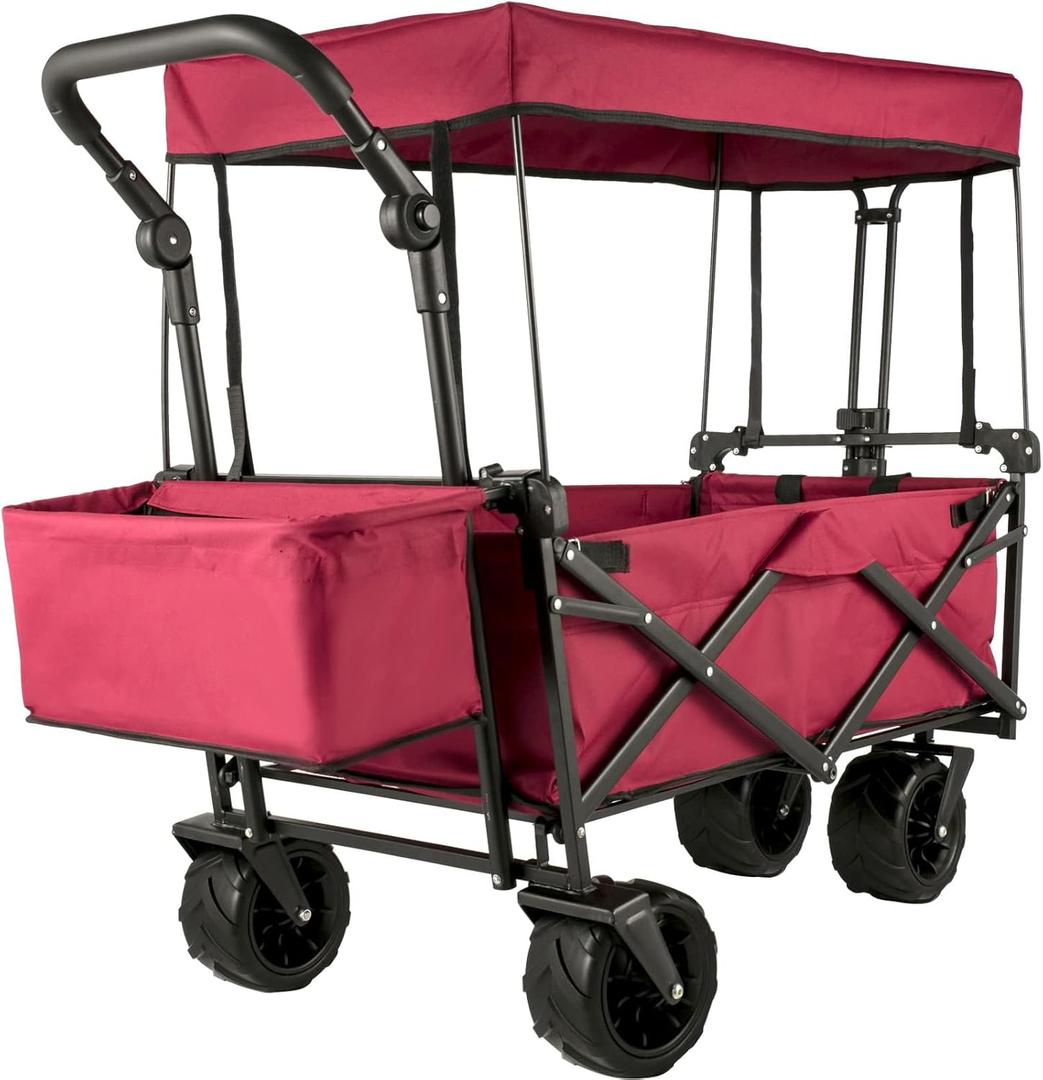 VEVOR Collapsible Wagon With Removable Canopy, 220lbs Heavy Duty Foldable Beach Wagon, Big Wheels, Adjustable Push Pulling Handles (Red)