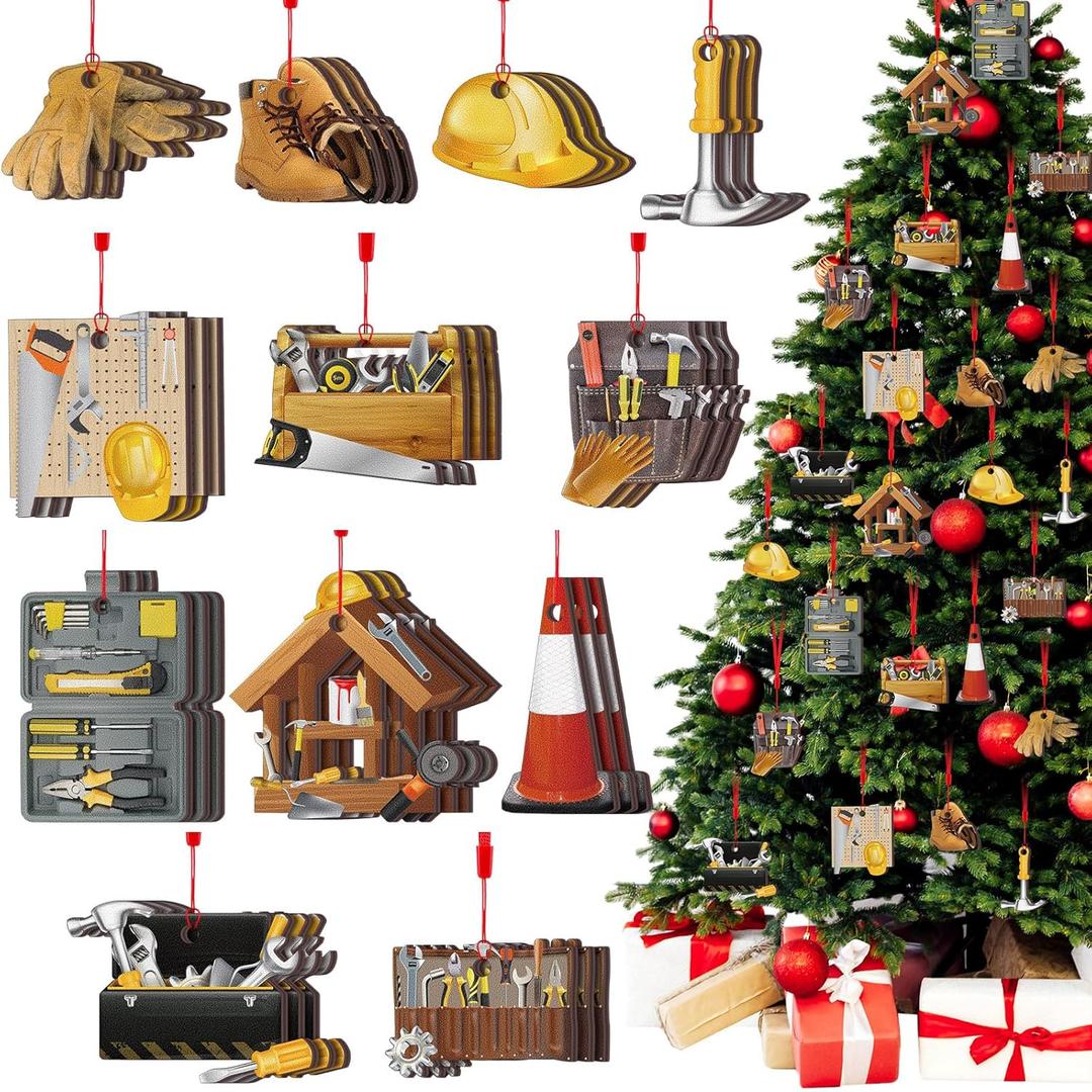 36 PCS Christmas Construction Tools Ornament Set - Wooden Handyman Hanging Accessory Christmas Tree Decoration for Artisan Gifts Xmas Tree Winter Party Holiday Decor