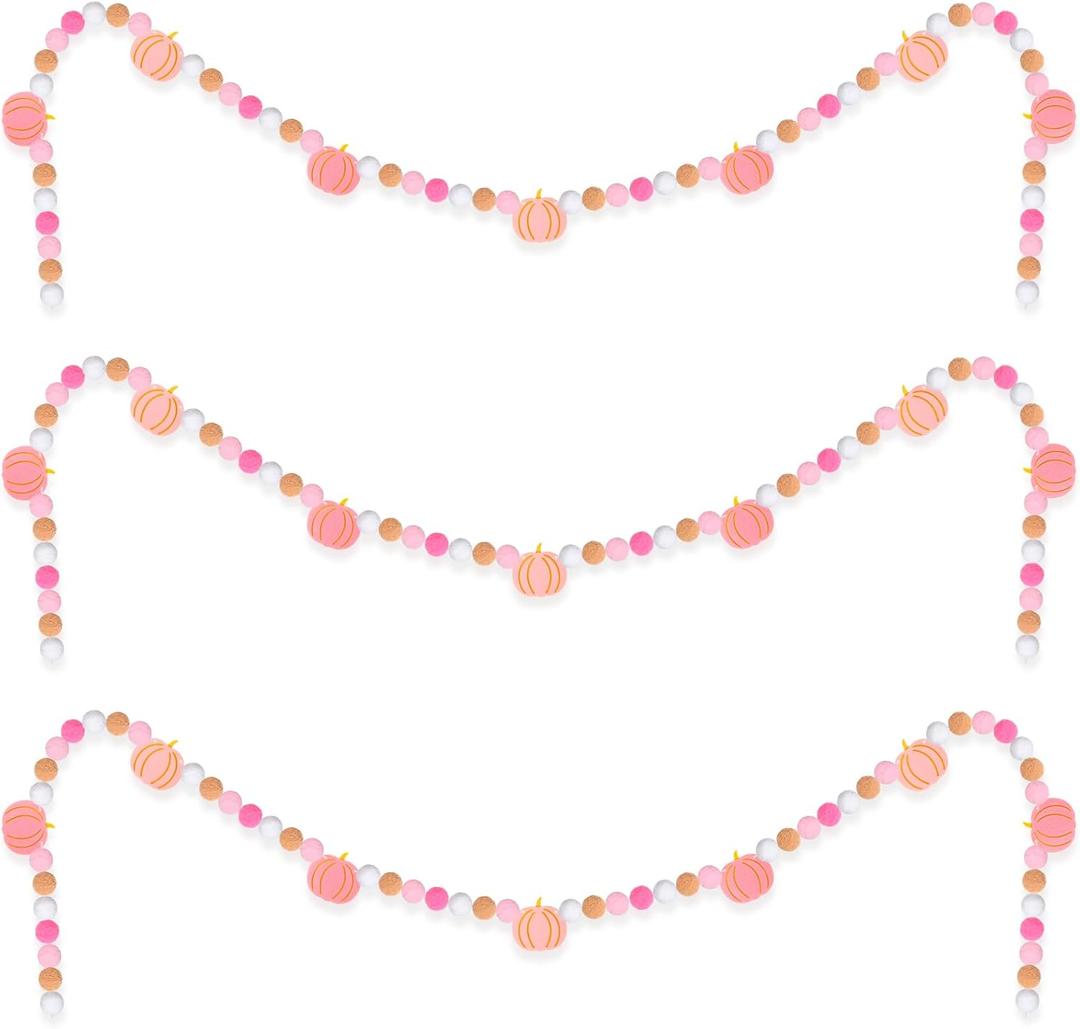 3 Pcs Fall Felt Pumpkin Ball Garland Pink Felt Ball Banner Thanksgiving Pom Pom Pumpkin Garland Colorful Pompom Hanging Banner for Autumn Thanksgiving Indoor Mantle Wall Farmhouse Home Decor