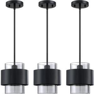 3 Pack 1 Light Hanging Indoor Kitchen Island Pendant Light 5.5" Drum Clear Smokey Glass Shade Pendant Ceiling Light Fixture,Black Finish Modern Farmhouse Dinning Over Sink (5.5'' Grey Glass Brushed Bronze)