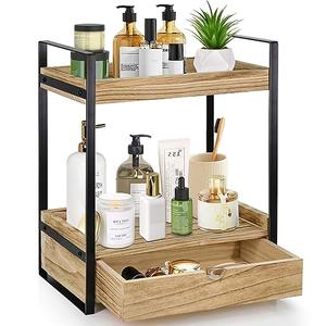 Ukonvi 2-Tier Bathroom Organizer Countertop with Drawer, Wood Counter Shelf for Storage, Vanity Tray for Organization and Decor, Countertop Organizer for Bathroom, Kitchen, Office (Brown)