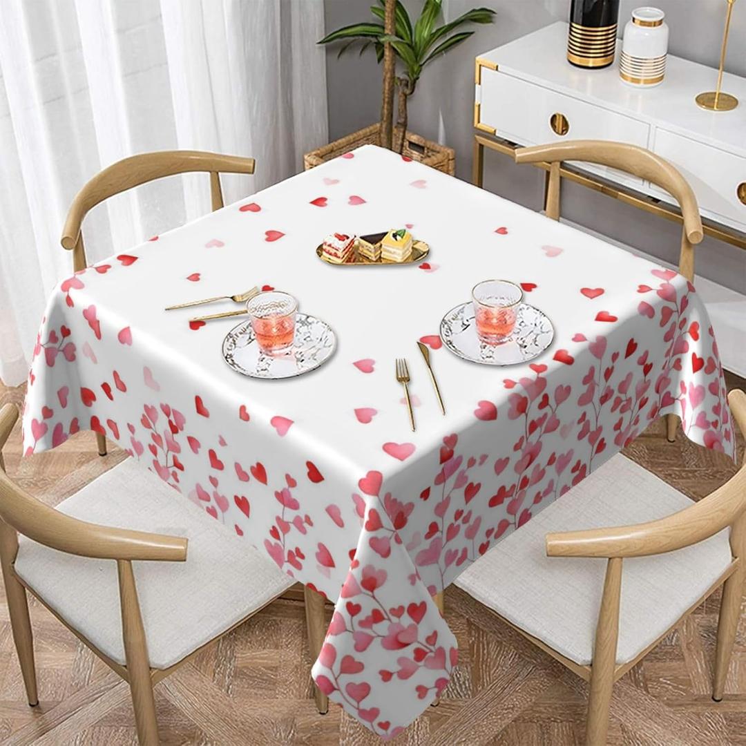 BETGINY Valentines Tablecloth Square 60x60 Inch,Red Pink Love Heart Table Cloth,Stain Resistance Polyester Anniversary Day Holiday Table Covers for Kitchen Dining Parties Picnic
