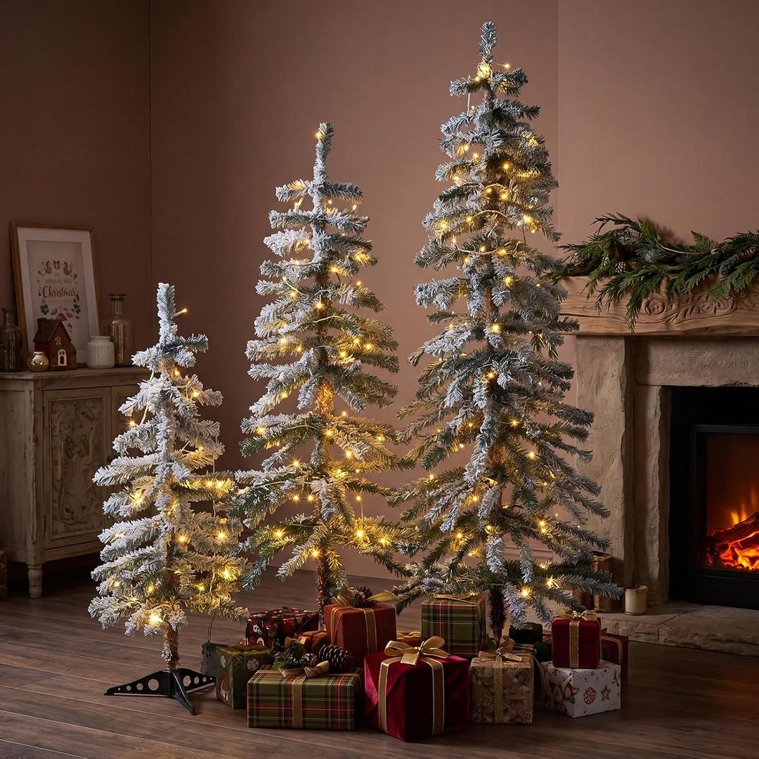 Cinnvoice 3 Pcs Flocked Artificial Christmas Tree with Lights, 3' 4' 5'