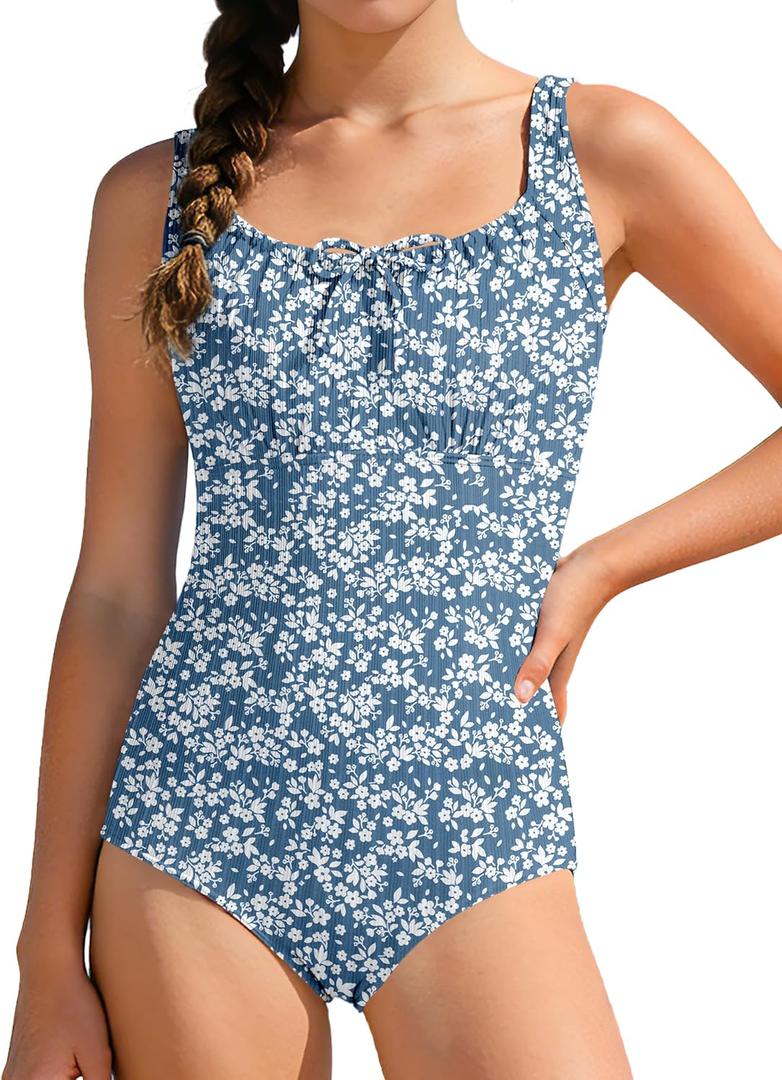 CRISONE Girls One Piece Swimsuits Adjustable Straps Bathing Suit Color Block Padded Pool Beach Swimwear 15-16Y
