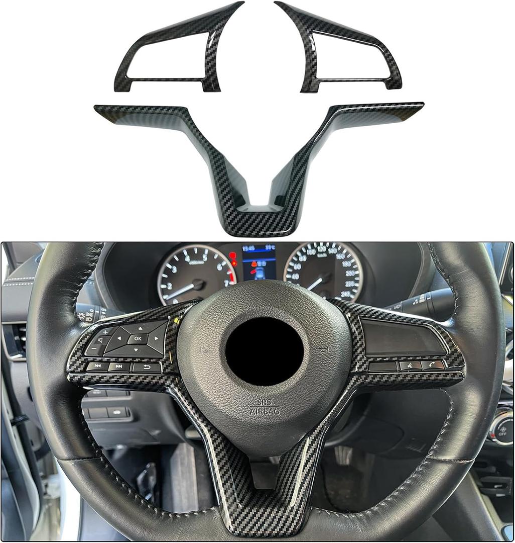 Carbon Fiber Steering Wheel Interior Decoration Cover Trim Accessories for Nissan Altima(2019-2024),for Sentra/Versa(2020-2024),for Leaf/Kicks(2018-2024),for Rogue(2017-2020),for Rogue Sport