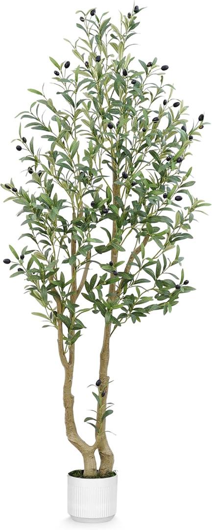 Olive Tree 5ft, Artificial Olive Tree with White Pot, Fake Tree with 1152 Dense Leaves & 64 High-Simulated Olive Fruits - Easy Assembly, Low Maintenance (Olive Tree 5ft)