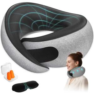 Travel Neck Pillows for Airplanes - 360 Ergonomic Memory Foam Travel Pillow - Relief Neck Pain with Breathable Support for Long Flights, Car, Train & Office Use - Adults & Kids (Gray)