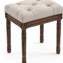 LUE BONA Upholstered Fabric Vanity Bench Seat, Makeup Stools for Vanity, Square Tufted Ottoman Bench with Carved Dark Brown Legs for Bedroom Living Room, Linen Color