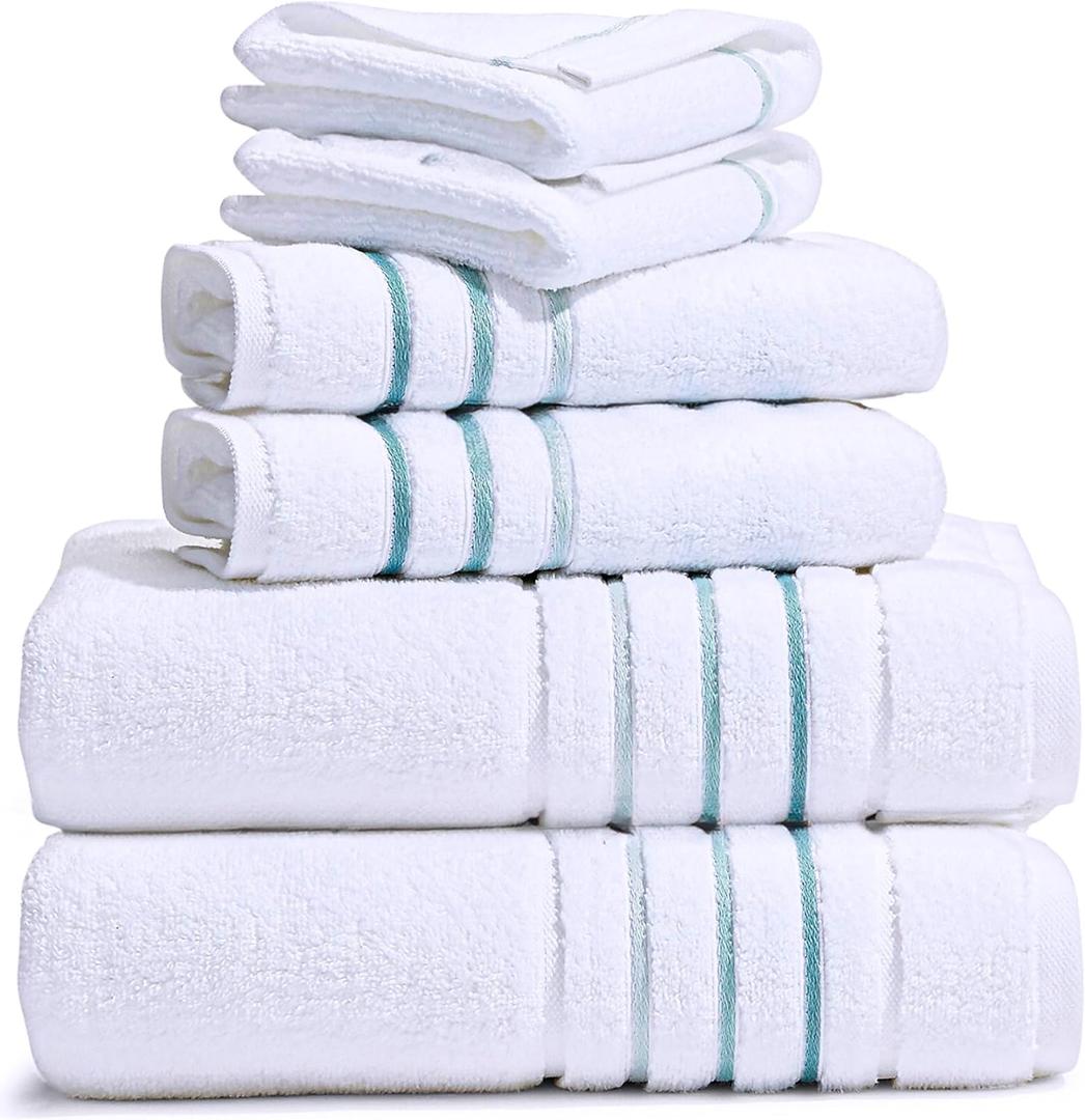 Bath Towel Set_White Towel For Bathroom, Luxury Hotel &Spa Quality, 100% Cotton .Includes 2 Large Bath Towels, 2 Hand Towels and 2 Washcloths.Super Soft, Absorbent & Decorative (White/Green Aqua)