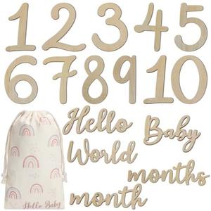 Burbell 15 Pcs Baby Milestone Numbers Baby Monthly Milestone Cards Sign with Bag Wooden Photo Props Newborn Birth Announcement Card for Baby Shower Newborn Photo Props