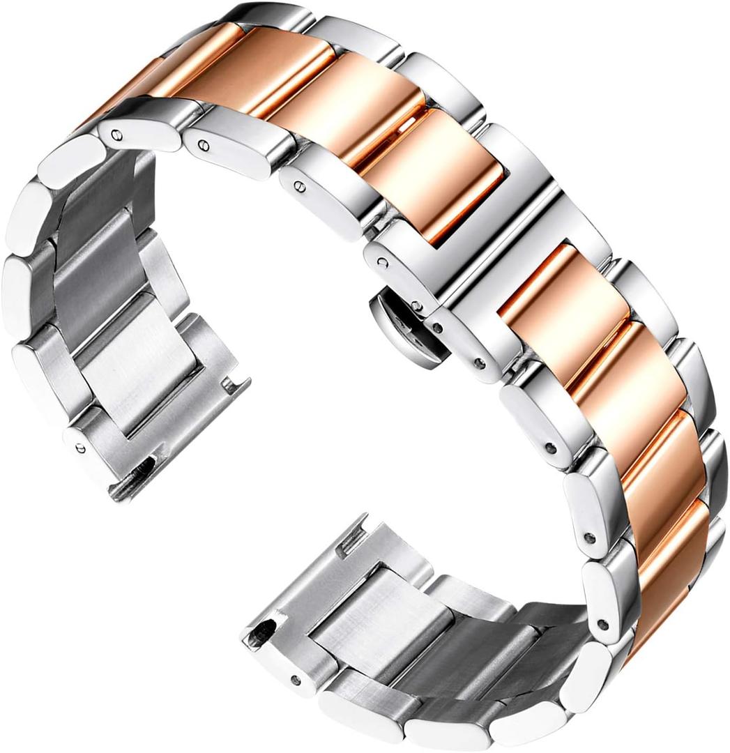 BINLUN Thick Stainless Steel Watch Band Metal Heavy Polished Matte Brushed Finish Watch Strap Replacement for Men Women 16mm/18mm/20mm/21mm/22mm/23mm/24mm/26mm(Polished Silver and Rose Gold,18mm)