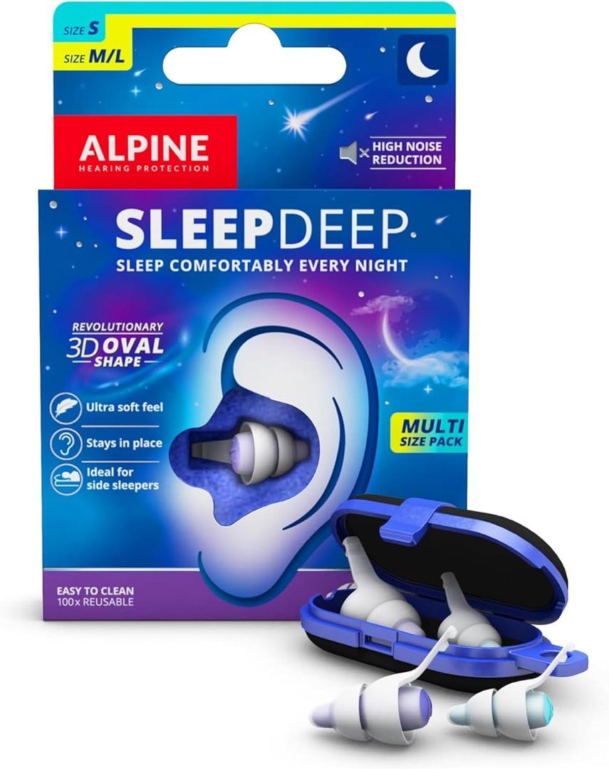 Alpine SleepDeep Multisize - Soft Ear Plugs for Sleeping and Concentration - New 3D Oval Shape and Noise Reducing Gel for Better Attenuation - 27dB - Ideal for Side Sleeper - 2-Pair Reusable: S + M/L