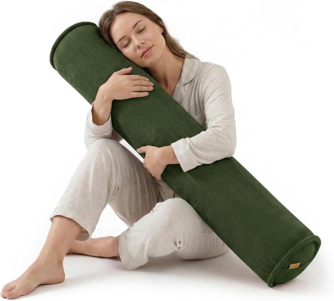 Body Pillow for Adults  Corduroy Long Round Bolster Pillow for Bed, Cuddle Pillow with Full Support for Side Sleepers & Restful Sleep,39 x 7.87 Inches,Avocado Green