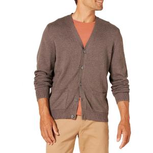 Amazon Essentials Men's Cotton Cardigan Sweater (Medium, Brown Heather)