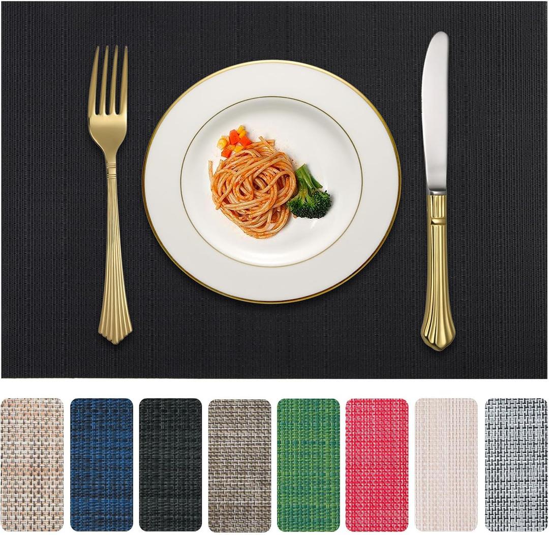 LANDVIEW Vinyl Placemats Set of 4, PVC Woven Washable Non-Slip Table Mats, Heat Resistant Wrinkle Free Place Mats for Dining Table, Easy to Clean (4, Black)