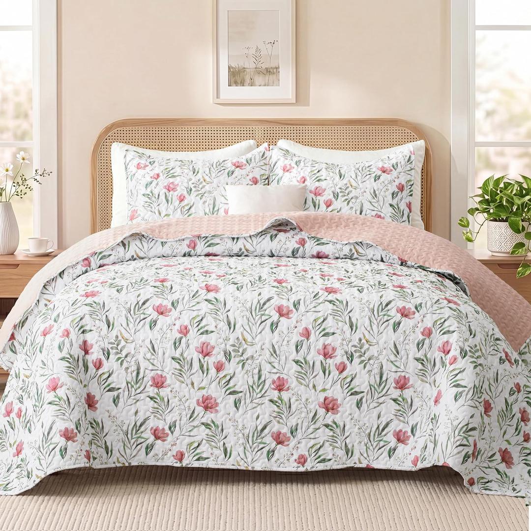 Exclusivo Mezcla Floral Quilts Queen Size, White Queen Quilt Bedding Set with Watercolor-Inspired Botanical Pattern, Reversible Lightweight Bedspreads Coverlets Bed Cover for All Seasons (92"x96")