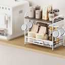 Coffee Bar Organizer for Countertop Station, Simple Assembly 2 Tier Shelf for Home,Office, Coffee Cup Holder Storage Organization for Counter Accessory Storage Rack with 4 Hooks Space-Saving