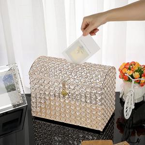 ELLDOO Crystal Wedding Card Box with Heart Lock, Money Card Box Treasure Chest Style Gold Gift for Wedding Receptions, Centerpiece Decor, Anniversary, Keepsake